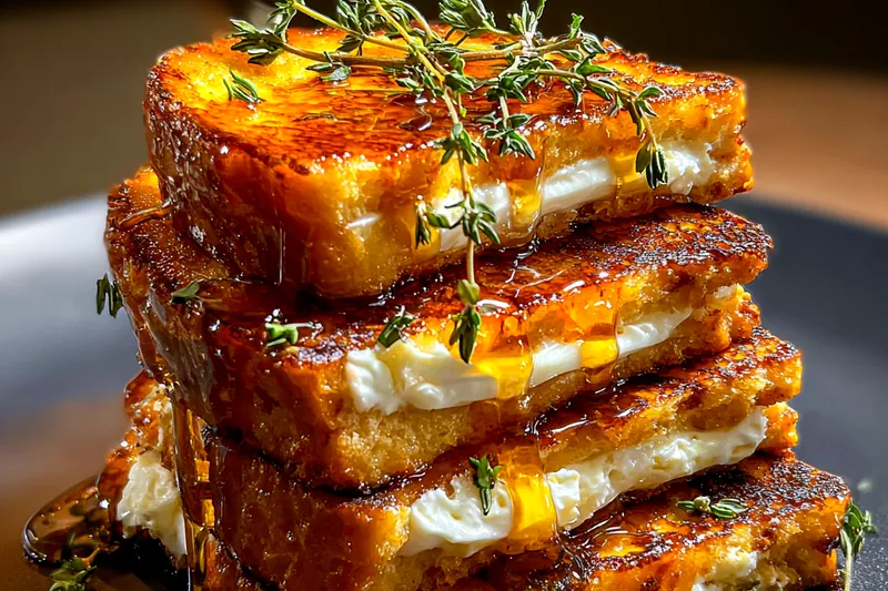 An array of fresh ingredients used for the Decadent Caramelized Toast Stack, including brioche, fruits, and spices.