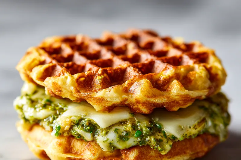 Overhead view of chaffle ingredients arranged on white marble counter including bowl of shredded mozzarella cheese, small bowl with whisked eggs, measuring cup of almond flour, jar of vibrant green basil pesto, and sliced fresh mozzarella on a small plate