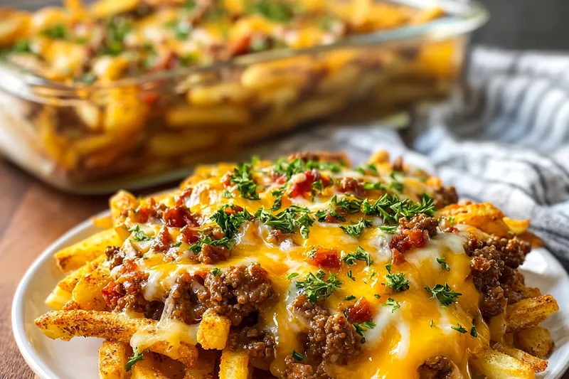 Cheeseburger french fry casserole bubbling in the oven with golden-brown cheese and crispy fry tops visible through the oven door