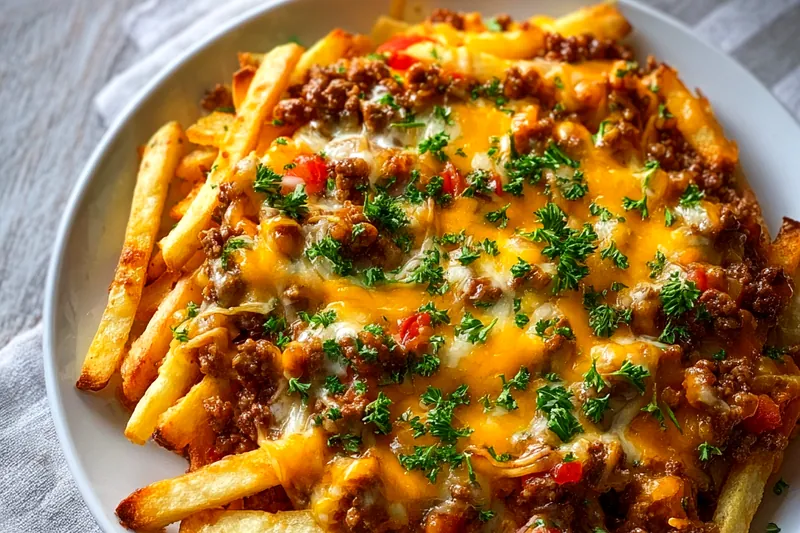 Ingredients for cheeseburger casserole including ground beef, frozen french fries, cheese varieties, onions, and classic burger condiments arranged on a kitchen counter