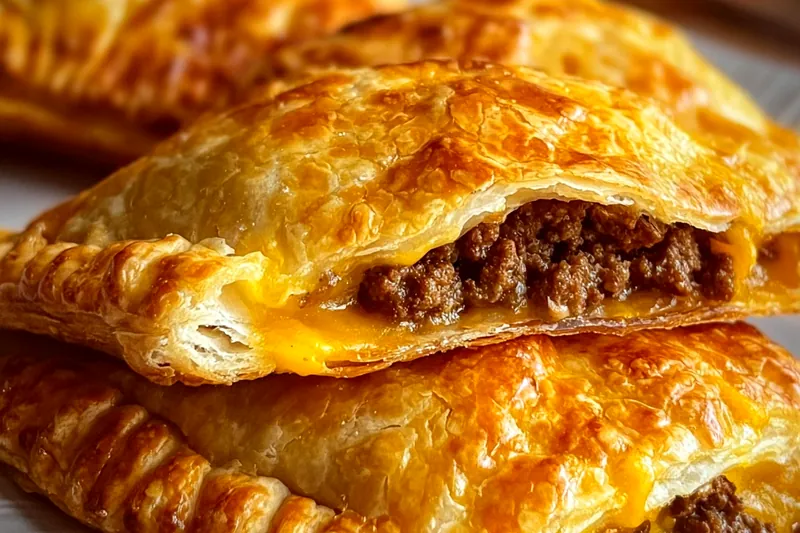 Step-by-step assembly showing pastry being filled with seasoned beef mixture, folded, sealed with fork, and brushed with egg wash before baking
