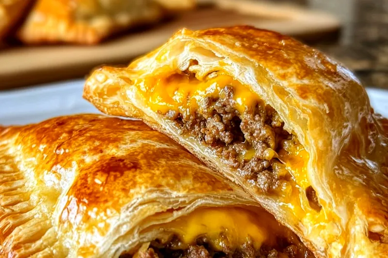 Fresh ingredients for cheeseburger pockets including ground beef, cheese, pastry sheets, pickles, and classic burger condiments arranged on wooden cutting board