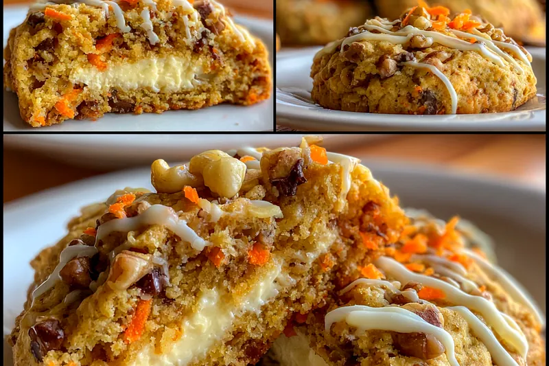 A colorful arrangement of ingredients for Cheesecake Carrot Cookie, including flour, carrots, cream cheese, and spices.