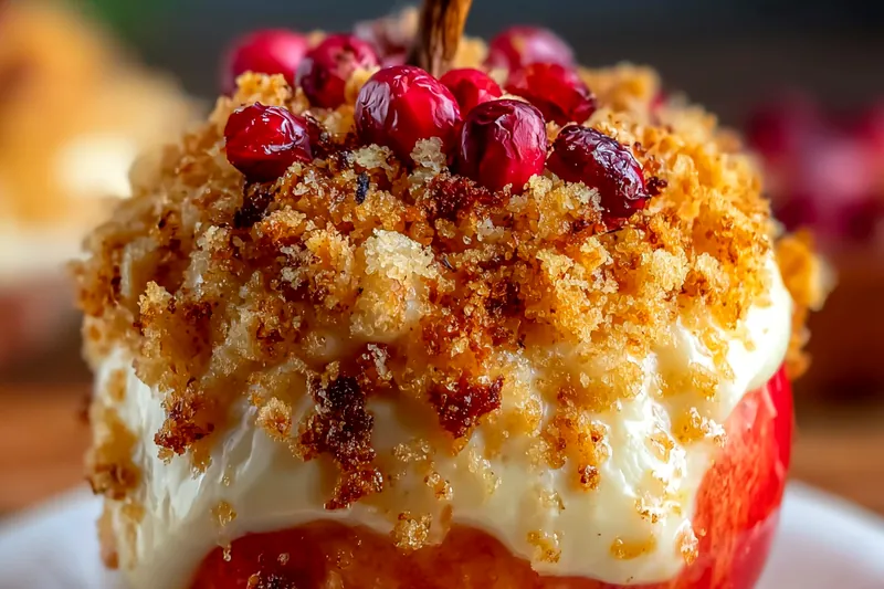 Fresh apples, cream cheese, spices, and crumble ingredients arranged on a wooden cutting board with an apple corer