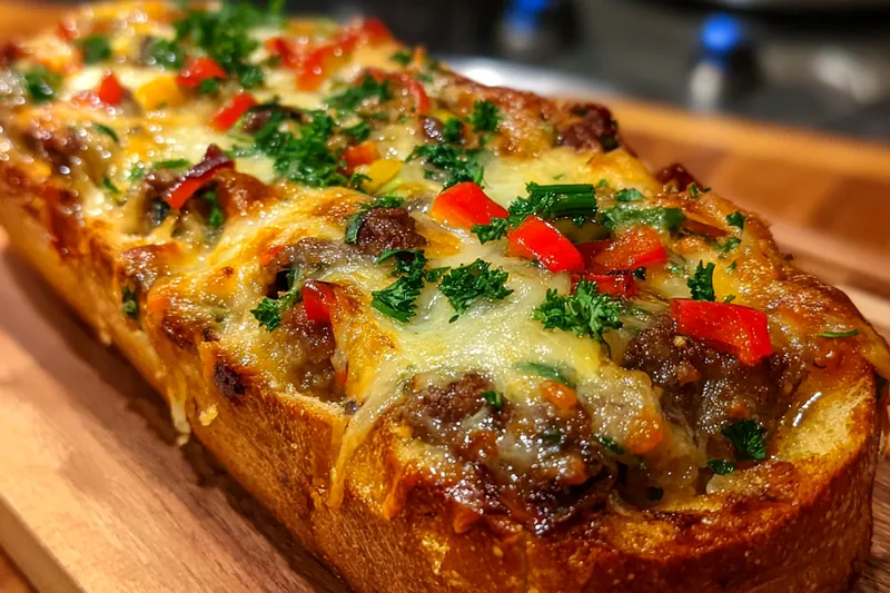 Chef sautéing the steak and vegetables for Savory Cheesesteak Garlic Loaf in a skillet.