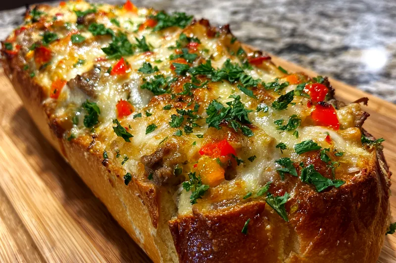 Colorful arrangement of ingredients for Savory Cheesesteak Garlic Loaf including steak, cheese, and bread.