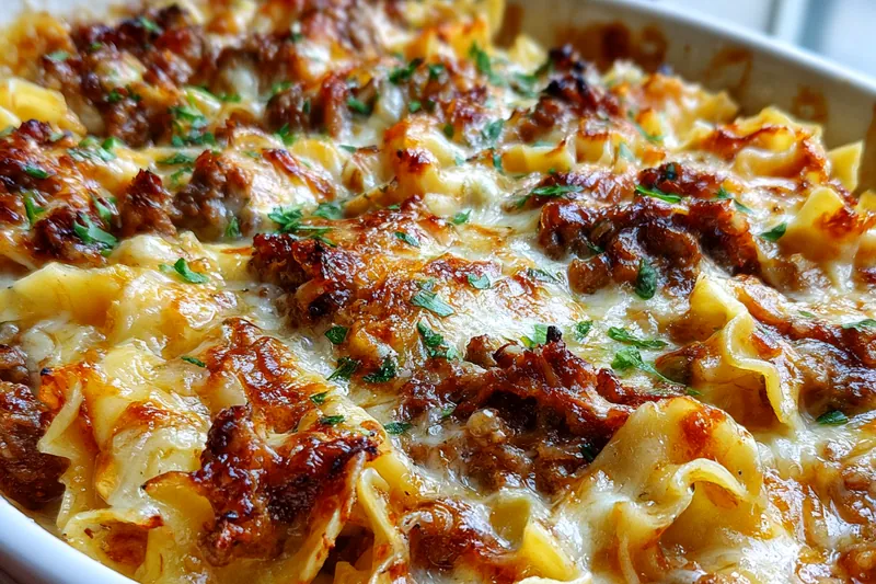 Cooking process for Cheesy Beef Noodle Bake