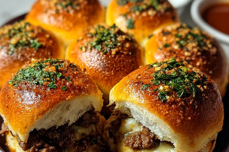 Ingredients for stuffed sliders including ground beef, slider buns, shredded cheese, garlic, butter, and seasonings arranged on a counter