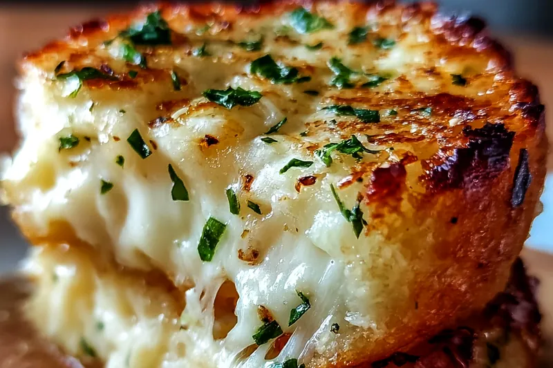 Golden brown grilled cheese sandwich cooking in a skillet, showing the crispy garlic butter exterior and melted cheese beginning to peek out the edges