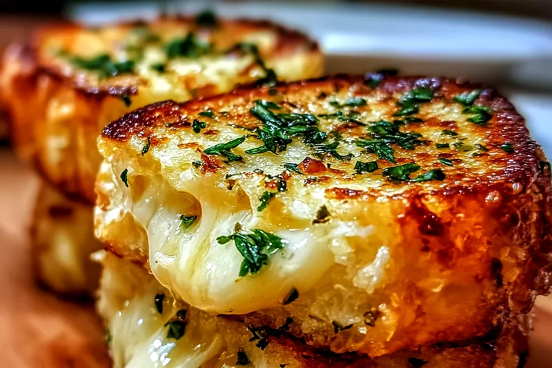 Ingredients for cheesy garlic bread grilled cheese including thick sourdough bread, multiple cheeses, fresh garlic, butter, and herbs arranged on a wooden cutting board