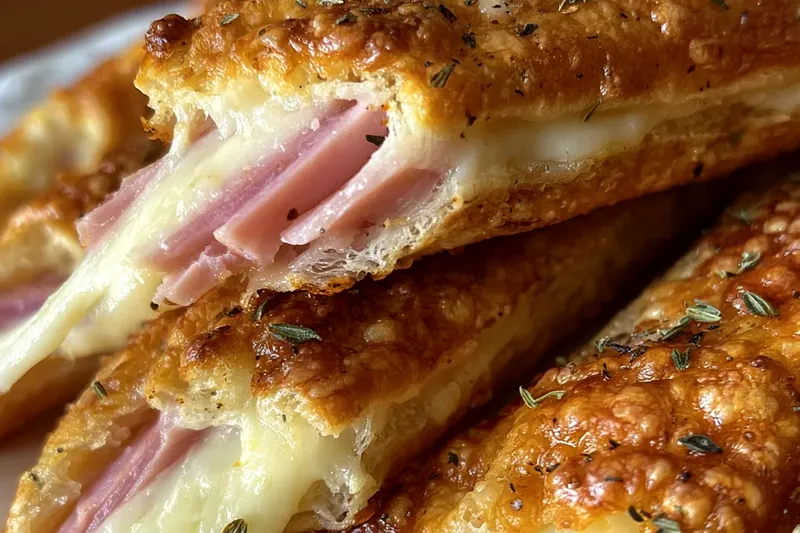 Ingredients for ham and cheese sticks laid out on a marble counter: block of mozzarella cheese, sliced deli ham, bowls of flour, beaten eggs, and seasoned panko breadcrumbs