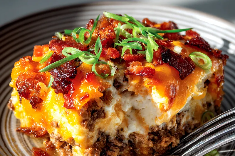 Overhead view of a 9x13 inch glass baking dish with layers of cooked seasoned ground beef on the bottom and creamy cheese mixture being poured over the top, showing the assembly process of the bacon burger casserole before baking