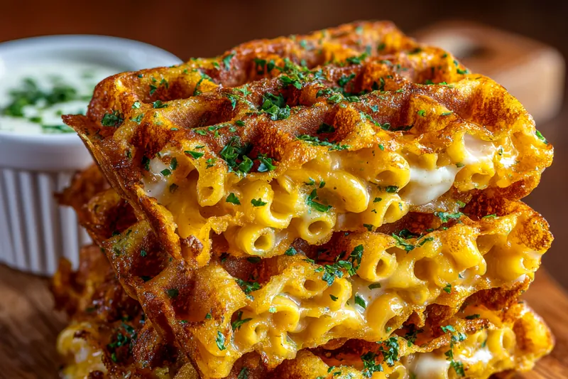 Cooking process for Cheesy Mac Waffle Stack