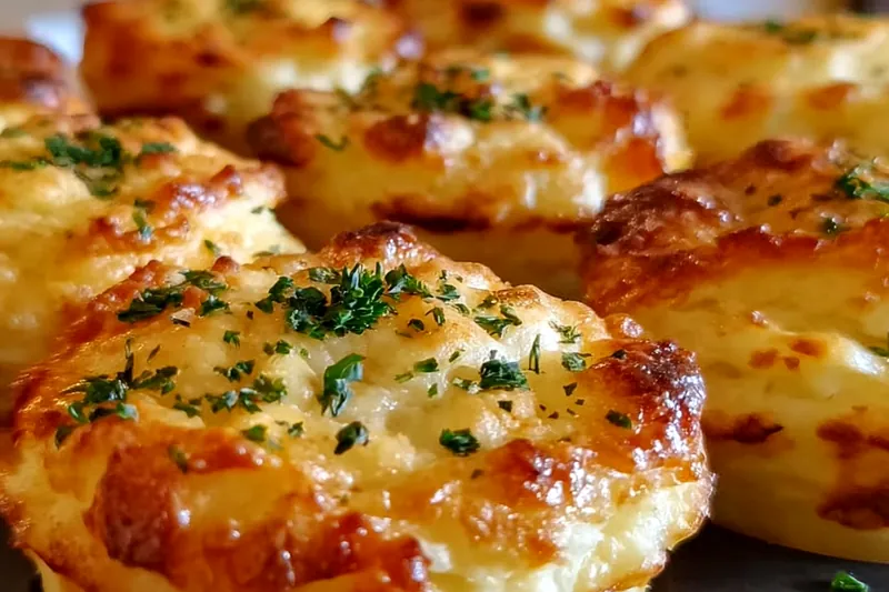 Golden-brown potato puffs baking in the oven with crispy exteriors forming and cheese melting, showing perfect doneness