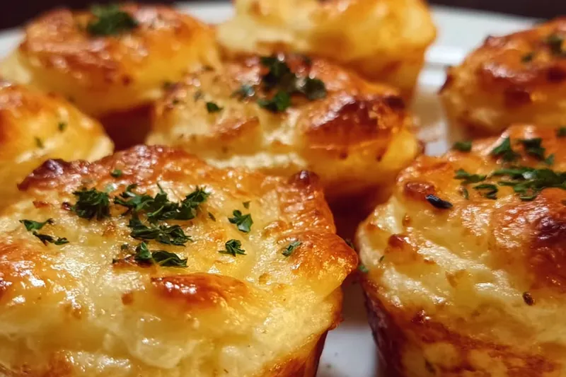 Ingredients for cheesy potato puffs including mashed potatoes, shredded cheese, eggs, and fresh herbs arranged on a kitchen counter