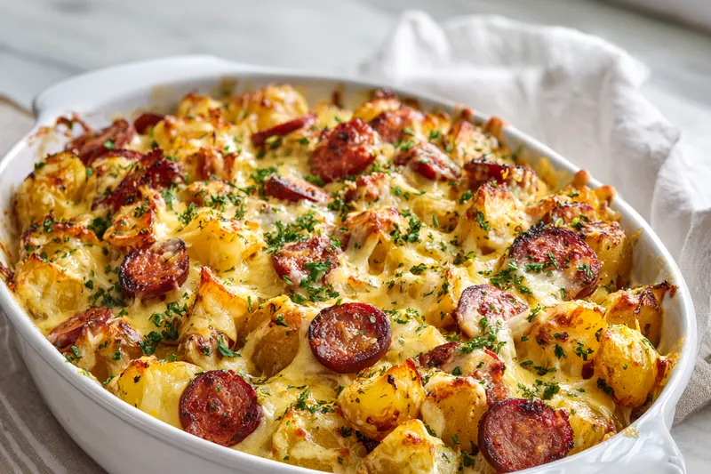 Close-up of golden-brown roasted potato cubes and sausage slices on a baking sheet before cheese is added, showing crispy edges and ranch seasoning