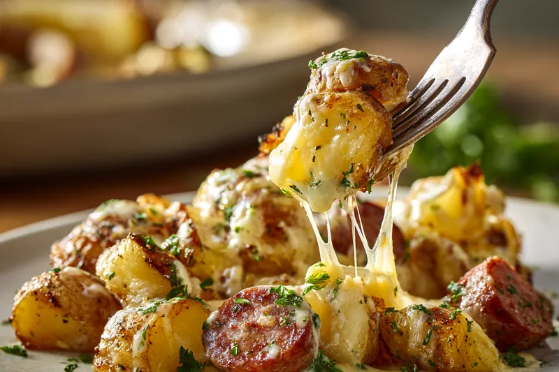 Flat lay of cubed potatoes in a glass bowl, sliced smoked sausage on a white plate, shredded cheddar and mozzarella cheese in separate bowls, ranch seasoning in a small ramekin, olive oil in a measuring cup, and fresh parsley on a marble surface