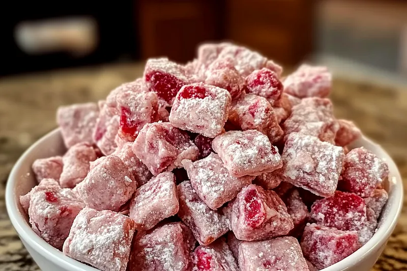 Hands coating Chex cereal with melted white chocolate and cream cheese mixture in a large mixing bowl