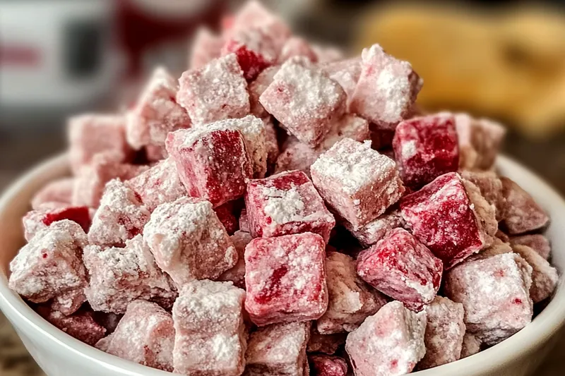 Chex cereal, white chocolate chips, cream cheese, dried cherries, and powdered sugar arranged on a marble counter with measuring cups