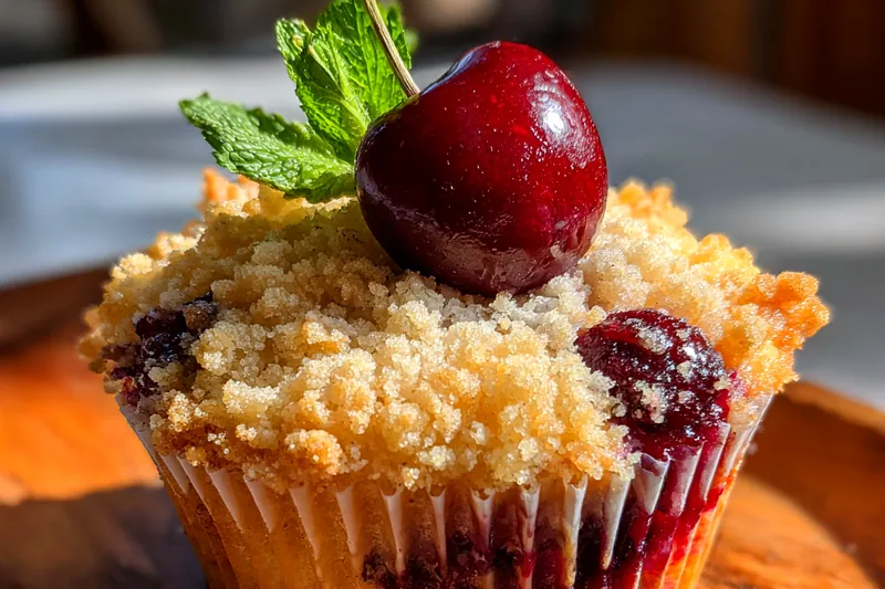 Baking Cherry Cobbler Muffins in the oven, with golden tops and fragrant aroma filling the kitchen.