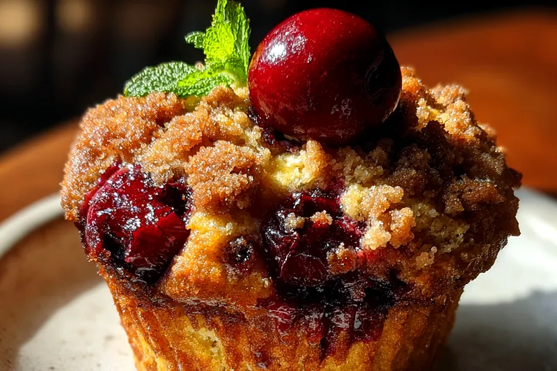 An array of ingredients for Cherry Cobbler Muffins including cherries, flour, butter, and eggs arranged on a wooden table.