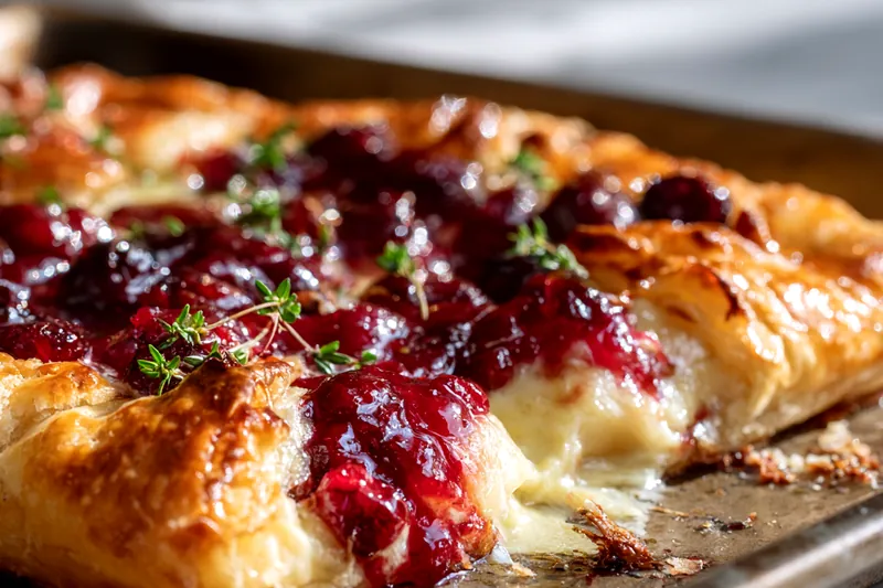 Hands folding diagonal strips of puff pastry over cream cheese and cherry filling on parchment paper, creating braided pattern with flour dusted on work surface and pastry brush nearby