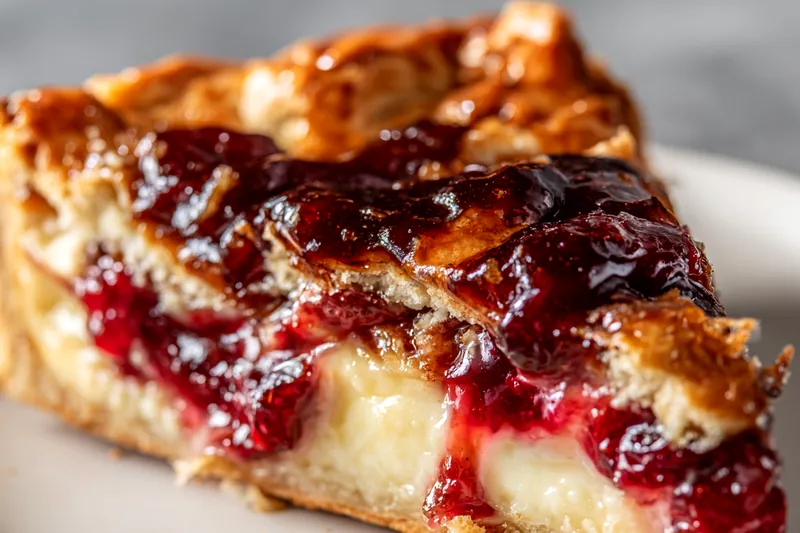 Flat lay of danish braid ingredients on marble counter including puff pastry sheet, cream cheese block, cherry preserves jar, eggs, sugar bowl, vanilla extract, lemon, and measuring spoons
