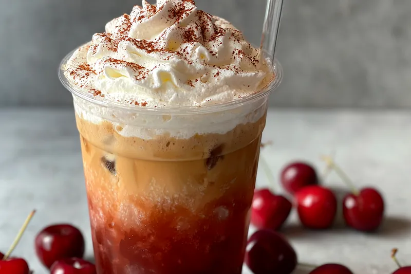 Showing the process of blending ingredients for Cherry Vanilla Iced Latte Delight.