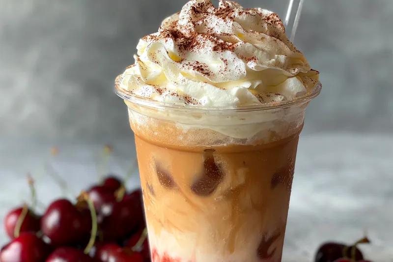 A colorful display of ingredients for Cherry Vanilla Iced Latte Delight including cherries, vanilla, and espresso.