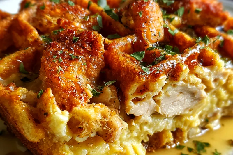 Chicken and waffle casserole baking in the oven with golden-brown waffle topping and visible chicken pieces underneath
