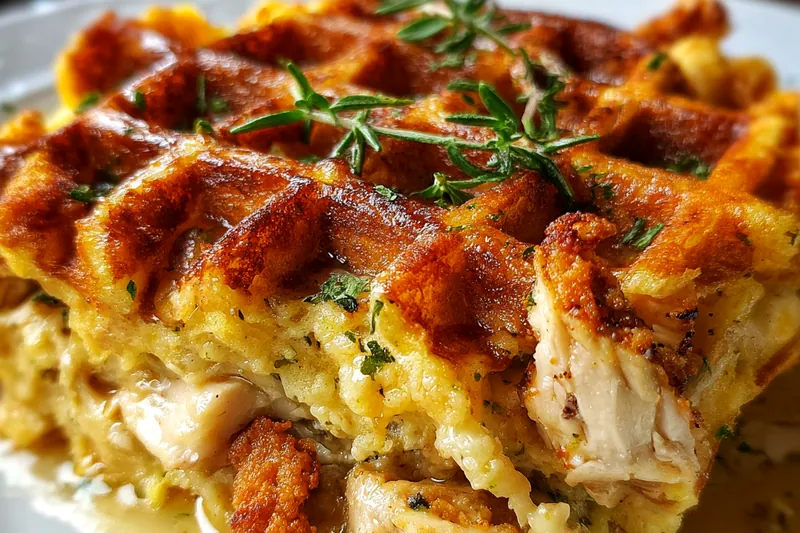 Raw chicken pieces, waffle batter ingredients including flour and buttermilk, maple syrup, and seasonings arranged on a kitchen counter