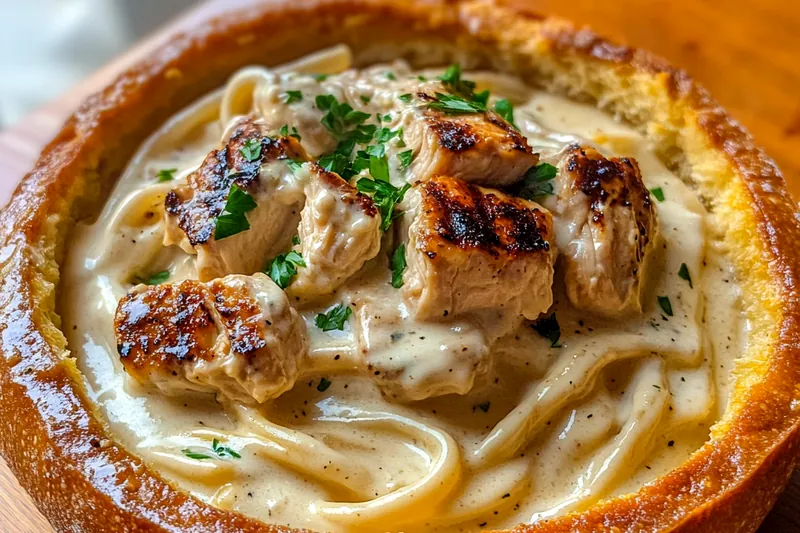 A step-by-step process of cooking Creamy Chicken Alfredo Bowls, showcasing sautéing chicken and creating the sauce.