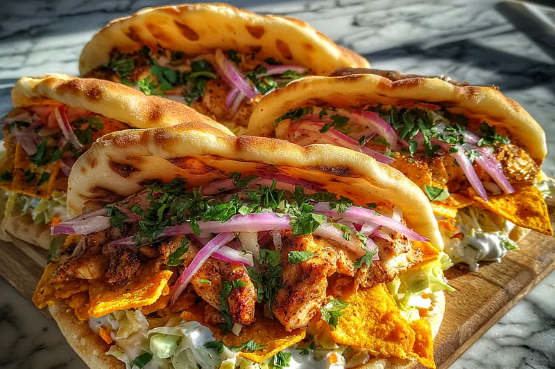 Chicken and nachos sandwich being assembled with melted cheese, crispy chips, and fresh toppings, showing layers of Tex-Mex ingredients