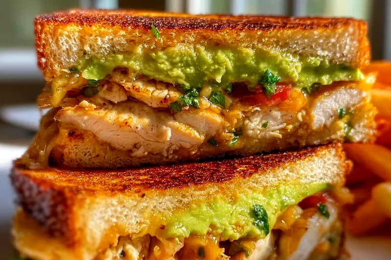 Chicken avocado melt sandwich grilling in a skillet with golden-brown bread and melted cheese bubbling at the edges