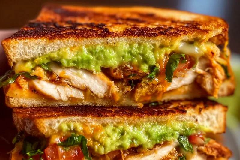 Fresh ingredients for chicken avocado melt including sliced chicken, ripe avocados, bacon, cheese, and sourdough bread arranged on a wooden board
