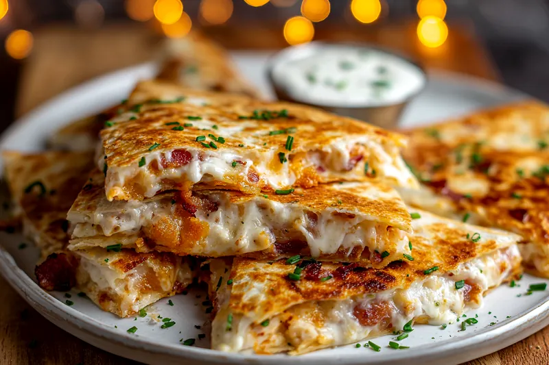 Ingredients for chicken bacon ranch quesadillas including diced chicken, crispy bacon, flour tortillas, shredded cheese, and ranch dressing arranged on a cutting board