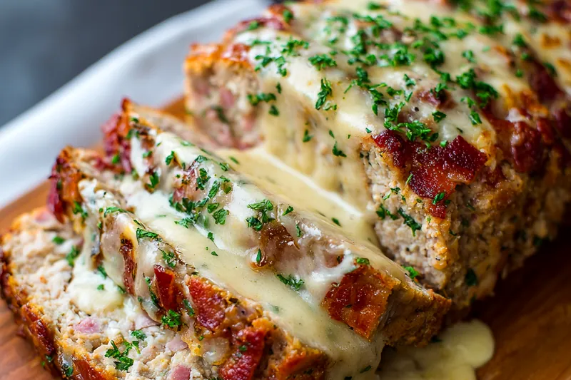 Chicken cordon bleu meatloaf in baking dish showing golden panko crust forming, with melted cheese visible at edges