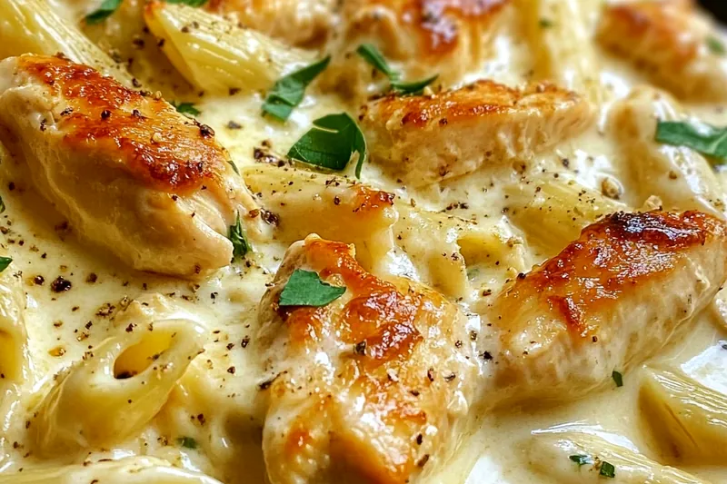 Ingredients for chicken creamy cheesy pasta including raw chicken, pasta, multiple cheeses, cream, and herbs arranged on a wooden cutting board