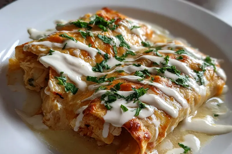Organized ingredients for chicken enchiladas including shredded chicken, flour tortillas, cheese, sour cream, and spices on a marble countertop