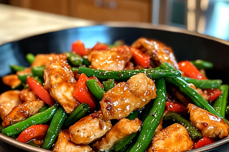 Chef Mitchell skillfully stir-frying chicken and vegetables in a hot skillet for Easy Chicken Green Bean Stir Fry.
