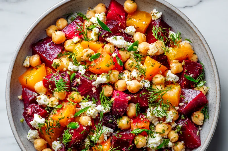 Colorful ingredients for Chickpea, Beet, and Feta Salad