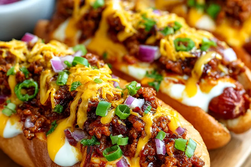 Ingredients for chili cheese dogs including hot dogs, buns, ground beef, tomatoes, beans, cheese, and spices arranged on a kitchen counter