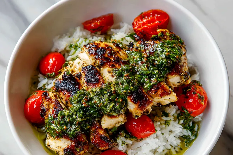 Fresh ingredients for chimichurri chicken bowl including raw chicken, colorful bell peppers, fresh herbs, garlic, and lime on a wooden board