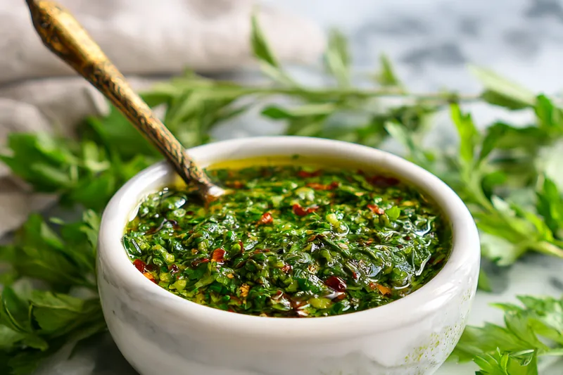 Preparing chimichurri sauce in a bowl
