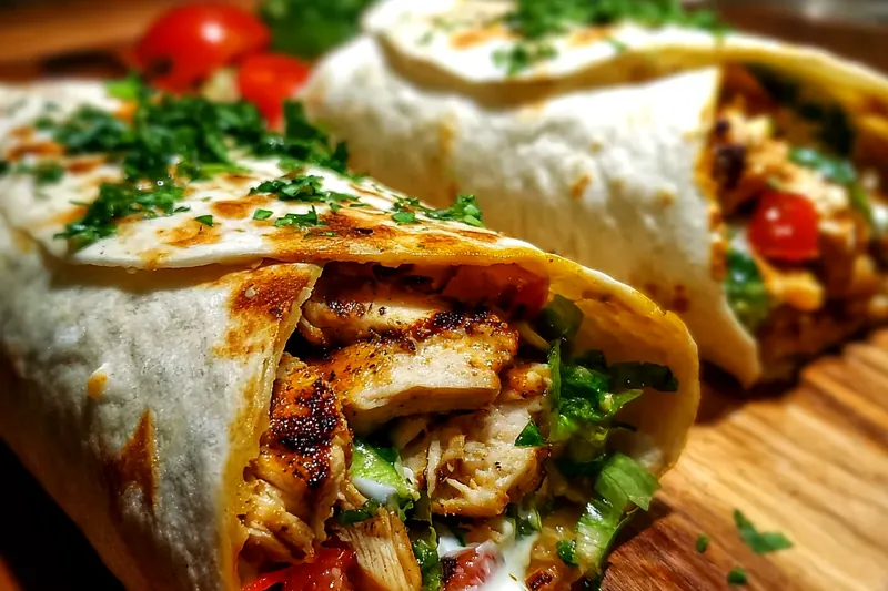 Organized ingredients for chipotle ranch chicken burrito including raw seasoned chicken breasts, chipotle peppers, ranch ingredients, black beans, Spanish rice, fresh vegetables, and flour tortillas arranged on a white marble counter