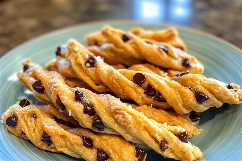 A selection of quality ingredients used to make Decadent Chocolate Twists, including puff pastry, chocolate chips, and sugar.