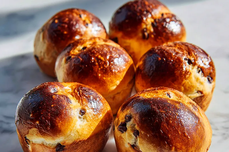 Baking chocolate chip vanilla brioches in the oven, golden brown and fluffy.