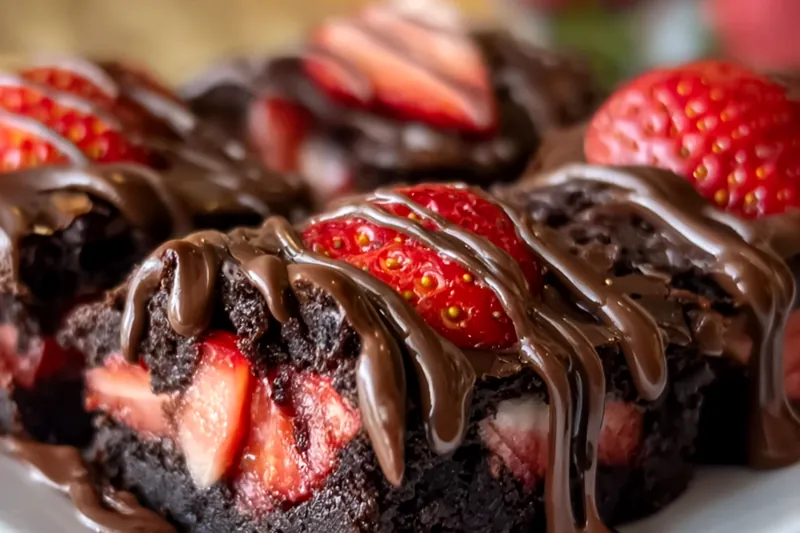 Ingredients for chocolate covered strawberry brownies including dark chocolate, fresh strawberries, eggs, butter, and cream arranged on marble surface