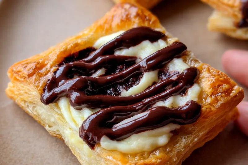 Step-by-step assembly showing puff pastry being scored, filled with cream cheese mixture, topped with chocolate ganache, and brushed with egg wash before baking