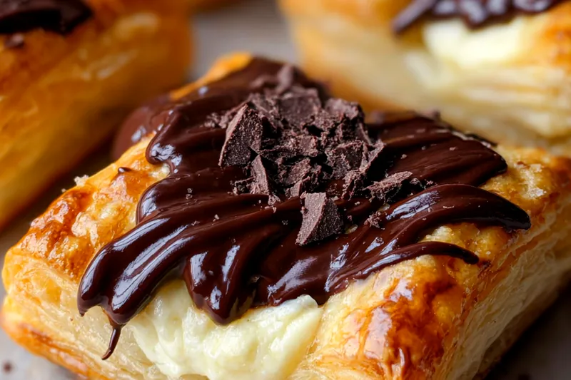 Premium baking ingredients including puff pastry, cream cheese, dark chocolate, eggs, and vanilla arranged on a clean marble baking surface with pastry tools